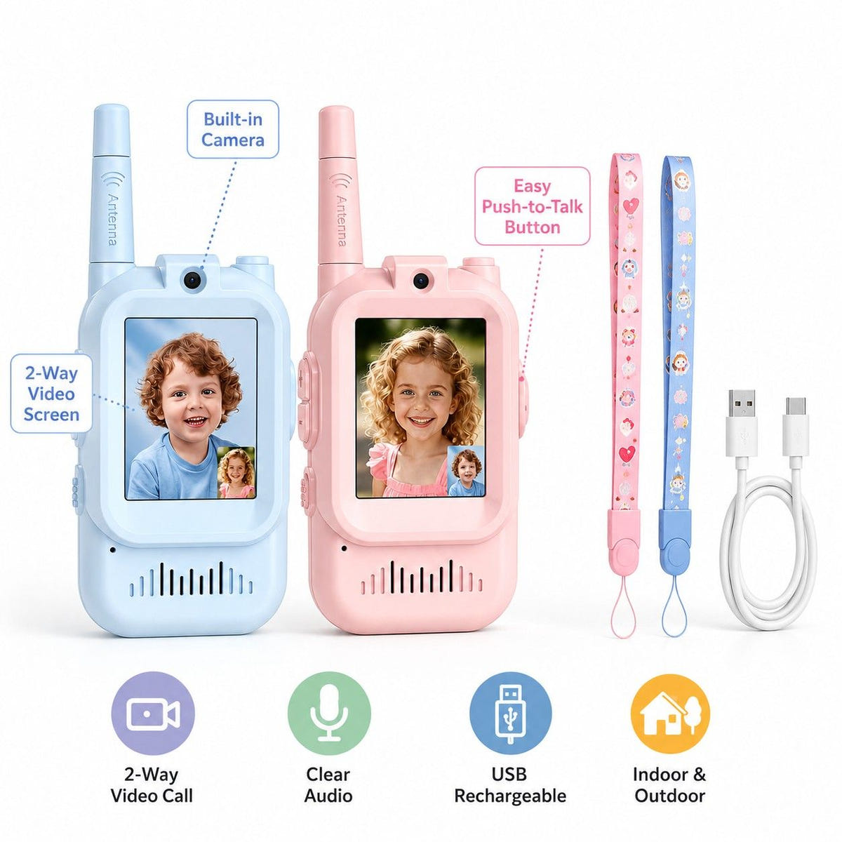 Kids Video Walkie Talkies – 2-Piece Rechargeable Set