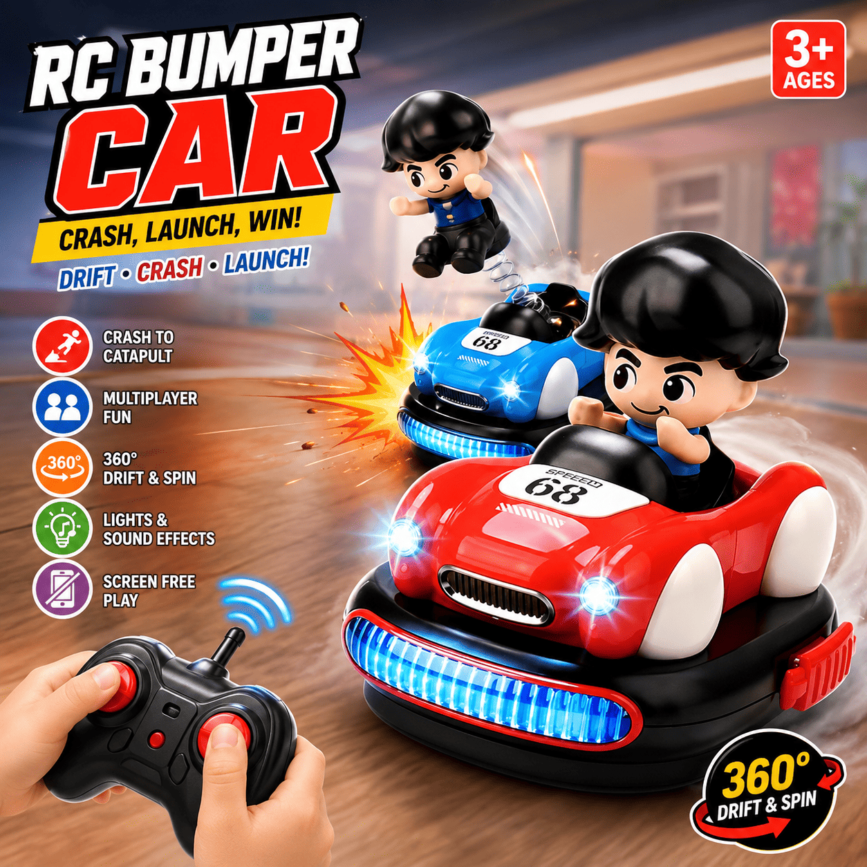 2 Player RC Battle Bumper Cars with Ejecting Drivers, Lights & Sound