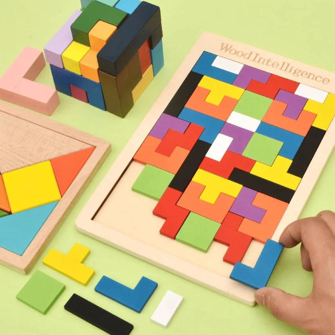 Wooden Intelligence 40 Pcs Russian Puzzle Blocks | Brain Teaser Tangram Game for Kids | Colorful Wooden STEM Toy