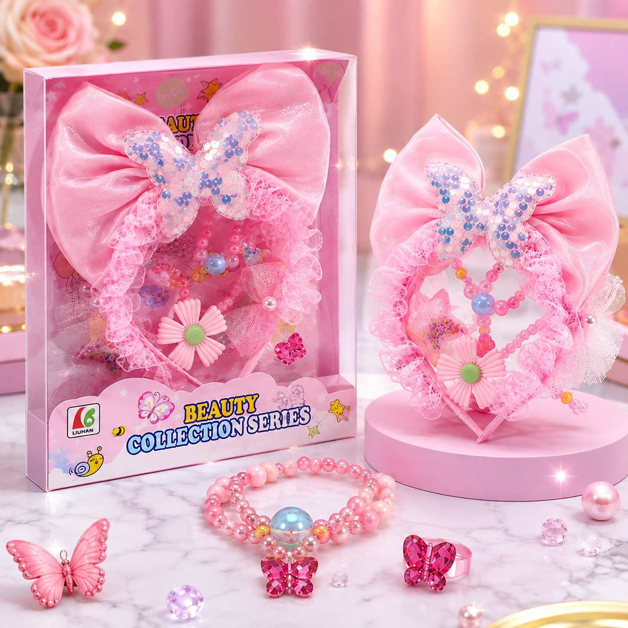 Girls Beauty Accessories Set – Pink Hair & Jewelry Set