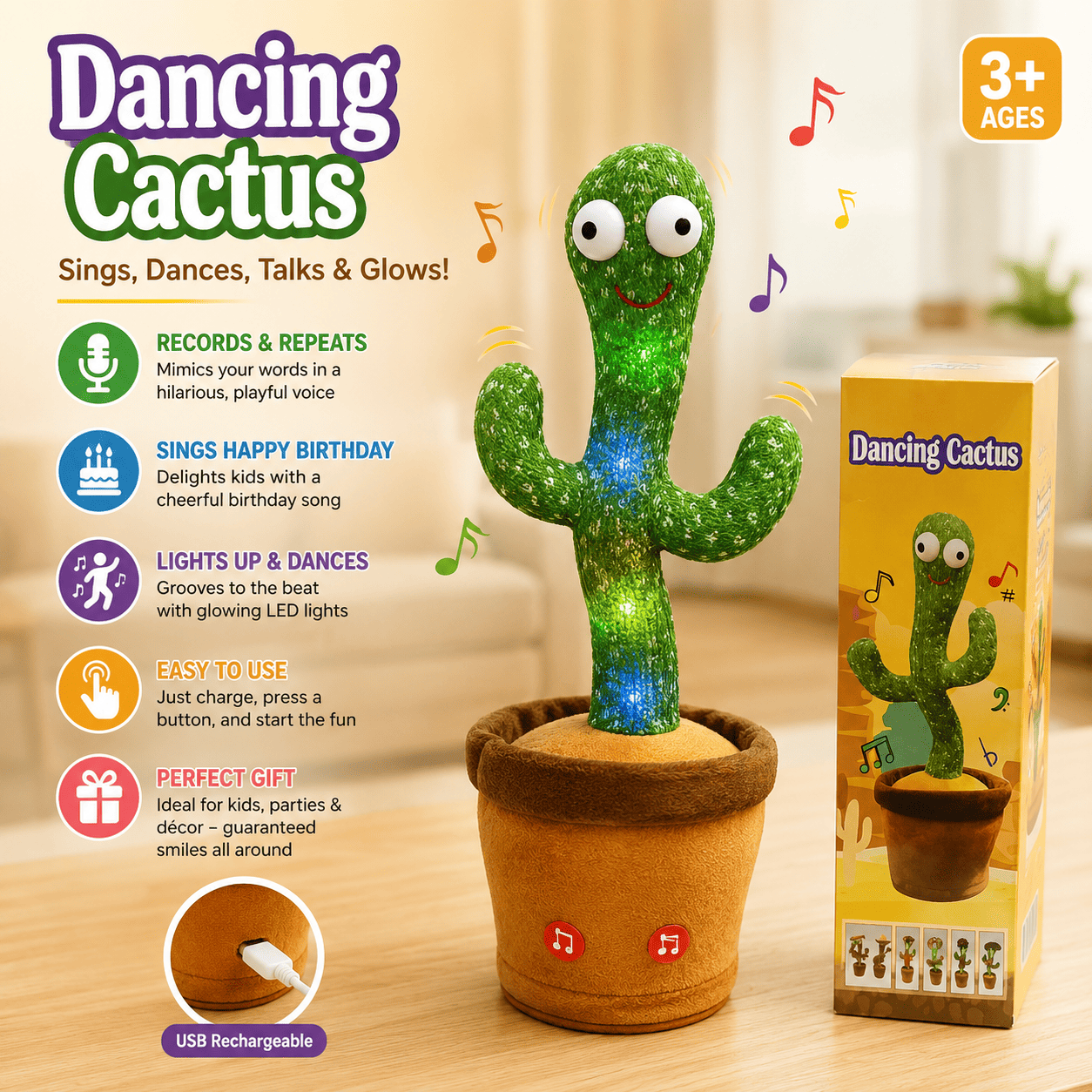 Dancing Talking Cactus Toy with LED Lights