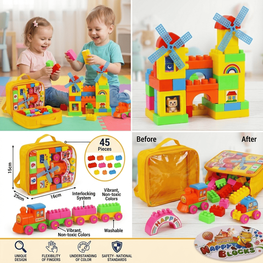 Funny Building Blocks for Kids - 45 Pcs Educational Set with Storage Bag