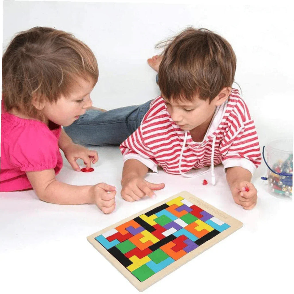 Wooden Intelligence 40 Pcs Russian Puzzle Blocks | Brain Teaser Tangram Game for Kids | Colorful Wooden STEM Toy