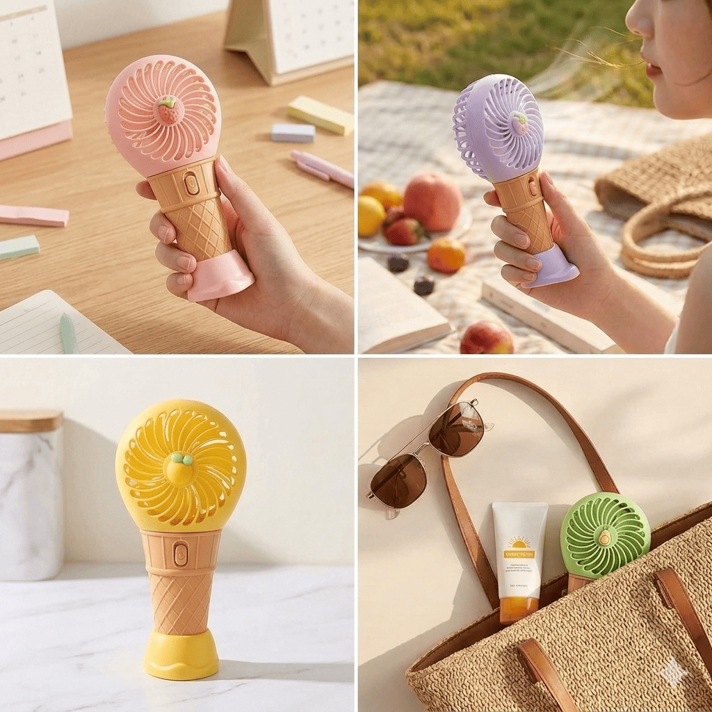 Ice Cream Handheld Fan for Kids - Cute Rechargeable Mini Fan