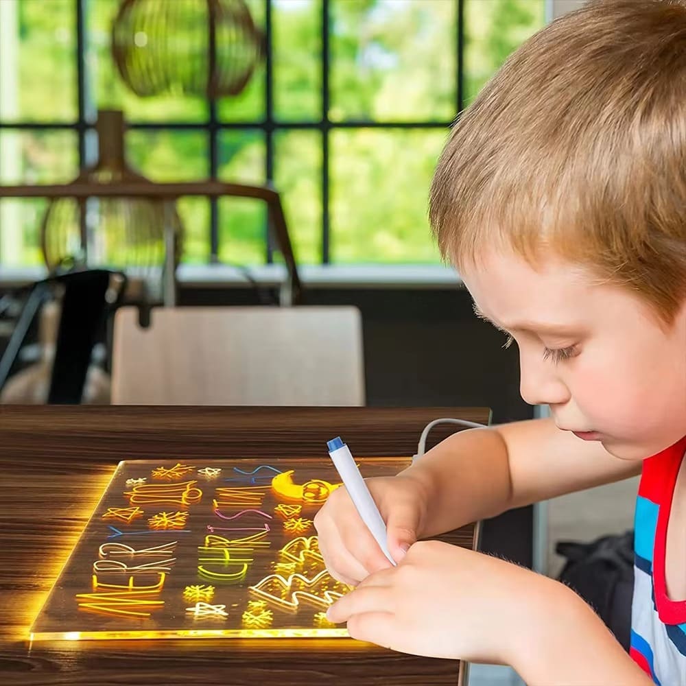 LED Acrylic Drawing Board for Kids with 7 Neon Pens & Night Light