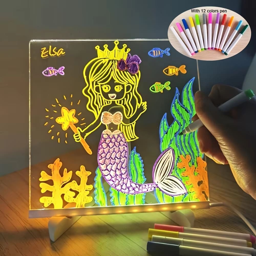 LED Acrylic Drawing Board for Kids with 7 Neon Pens & Night Light