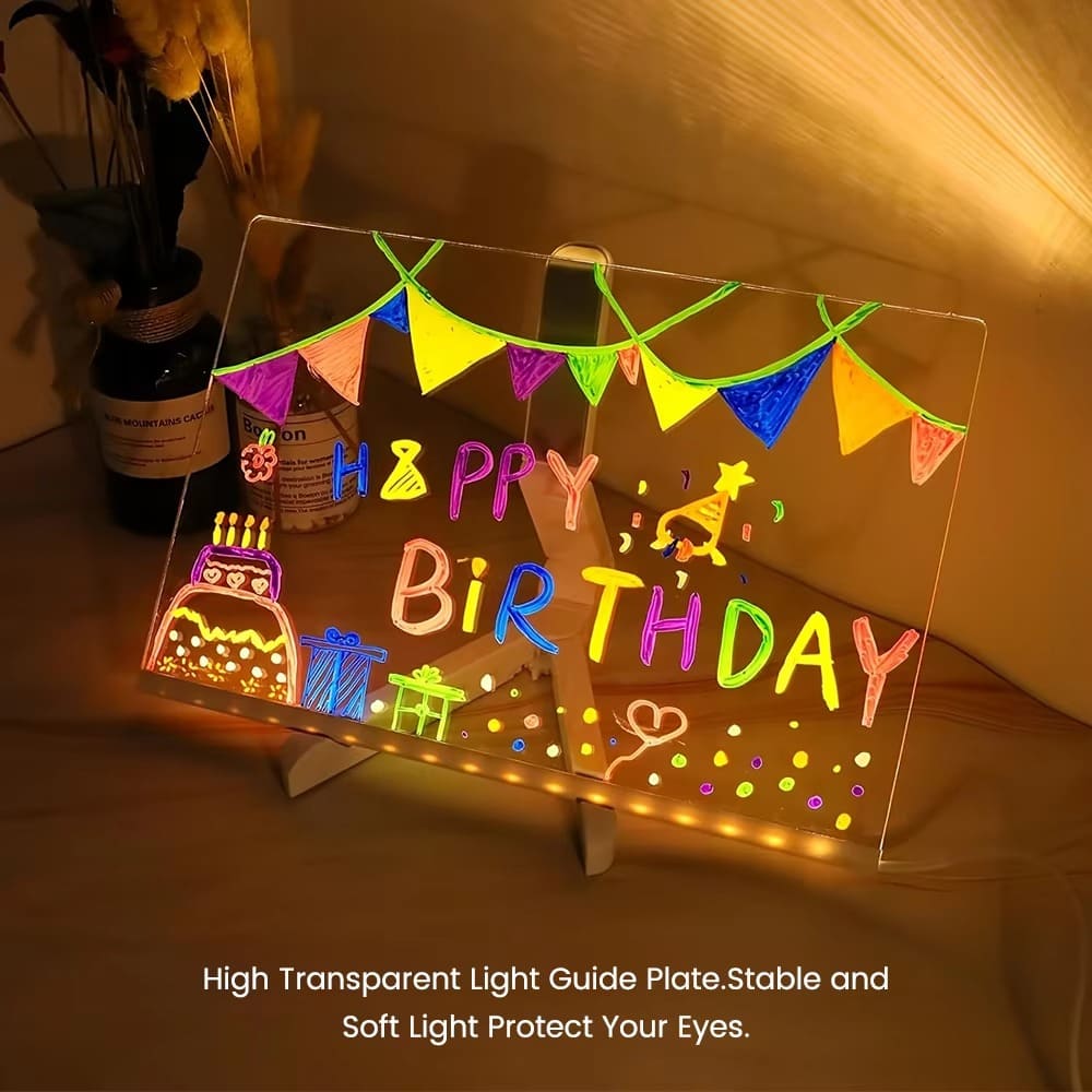 LED Acrylic Drawing Board for Kids with 7 Neon Pens & Night Light