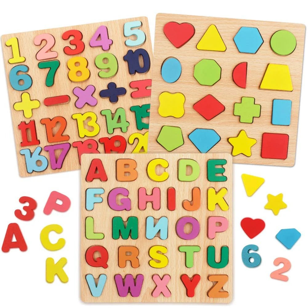 Set of 3Pcs Early Educational Wooden 3D Colorful Learning Board for Kids